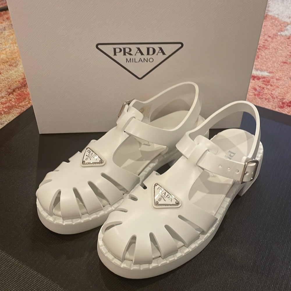 Authentic Prada Monolith Soft Cage Rubber Sandal White Size:39,9 w Box & Receipt